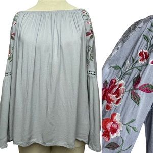 Umgee Womens Bohemian Blue/Gray Floral Embroidery Flowy Bell Sleeve Sz Small